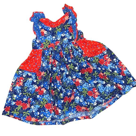 Handmade Floral Baby Dress‎ 9-12M Ruffle Sleeve Pockets Patriotic Americana READ - Picture 1 of 6